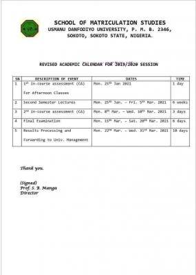 UDUSOK school of matriculation studies revised academic calendar
