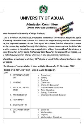 UNIABUJA change of course opportunity for 2025 admission candidate