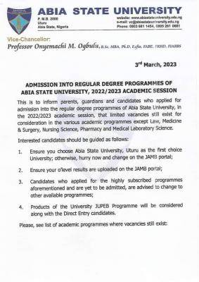 ABSU admission into Vacant Departments, 2022/2023