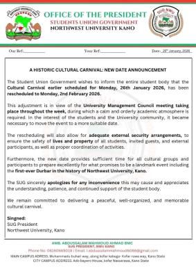 Northwest University SUG reschedules cultural carnival