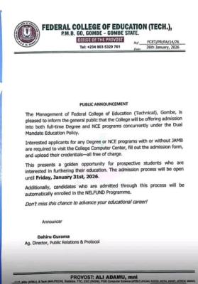FCE (Technical), Gombe notice on admission into full-time Degree and NCE programmes