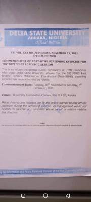 DELSU announces commencement of screening exercise for 2021/2022 session