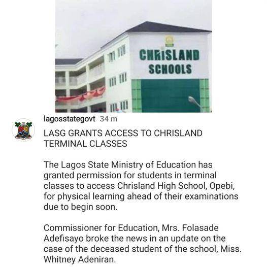 Lagos state govt reopens Chrisland school for students in terminal classes