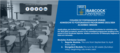 Babcock University Postgraduate admission form, 2023/2024