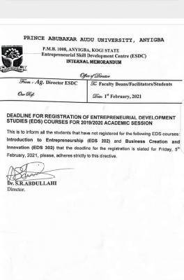 PAAU notice on deadline for registration for EDS courses, 2019/2020 session