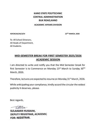 Kano State Poly declares Mid-semester break for 1st semester, 2025/2026
