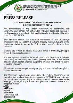 FUTES-IYIN concludes NELFUND enrollment, directs students to apply