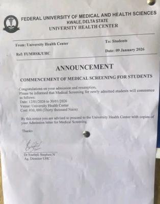 FUMHSK to commence medical screening for newly admitted students