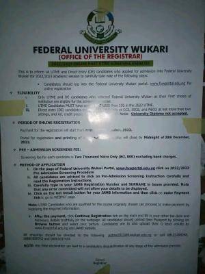 FUWukari Post-UTME/DE 2022: cut-off mark, eligibility and registration details