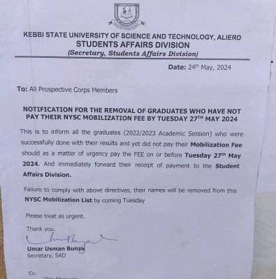 KSUSTA notice on removal of graduates yet to pay NYSC mobilization fee, 2022/2023