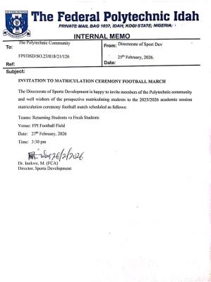 Federal Poly Idah announces football match for 2025/2026 matriculation Ceremony