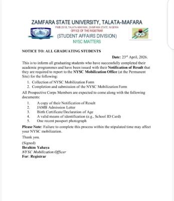 ZAMSU notice to graduating students on NYSC Mobilization