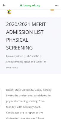 BASUG merit admission list and notice on physical screening, 2020/2021