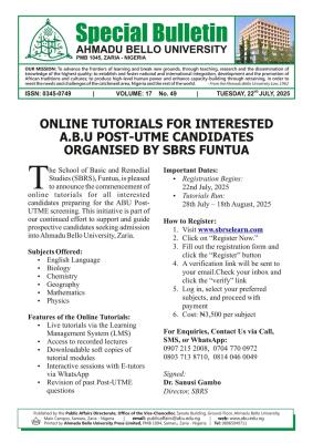 ABU announces online tutorials for Post UTME candidates organized by SBRS FUNTUA