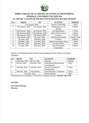 FUDutsin-ma 2nd semester academic calendar for 2025/2026 session