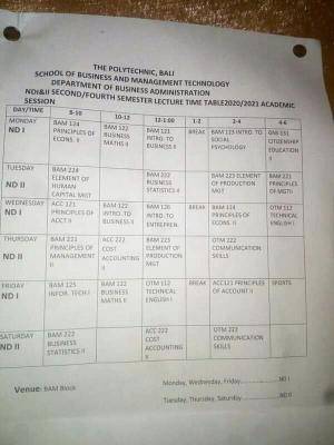Federal Poly Bali lecture timetable for 2020/2021 session