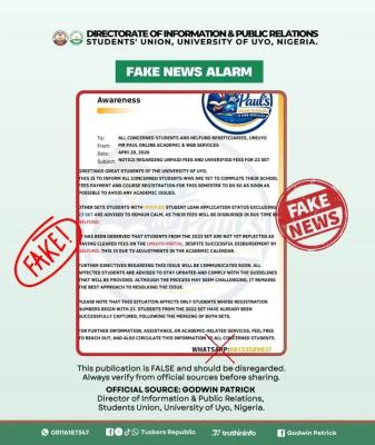 UNIUYO SUG disclaimer notice regarding a fake new on concerning NELFUND disbursement