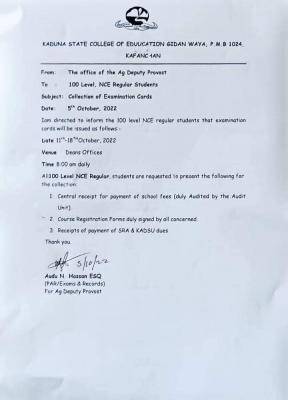 Kaduna State College of Education notice on collection of examination cards