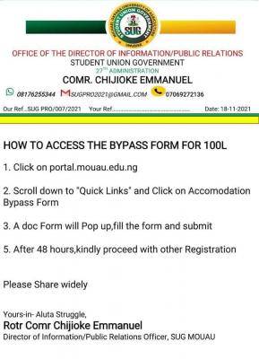 MOUAU SUG notice to 100L students on how to access the accommodation Bypass form