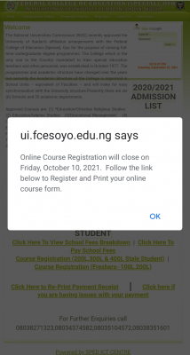 FCE, Oyo course registration Deadline