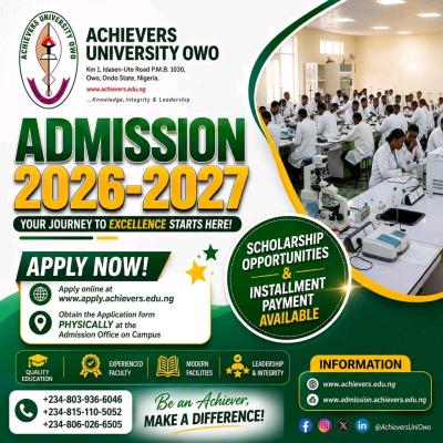 Achievers University Post-UTME/DE 2026: Eligibility and Registration details