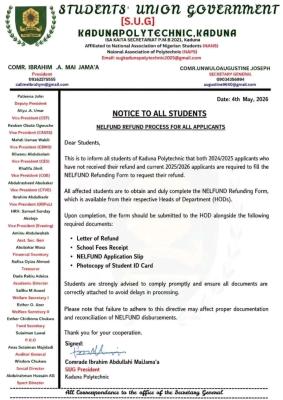Kaduna Poly notice on NELFUND refund process