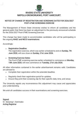 RSUST extends Post-UTME registration deadline & screening exercise test, 2026/2027