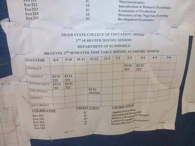 College of Education, Minna 2nd semester lecture timetable, 2020/2021 session