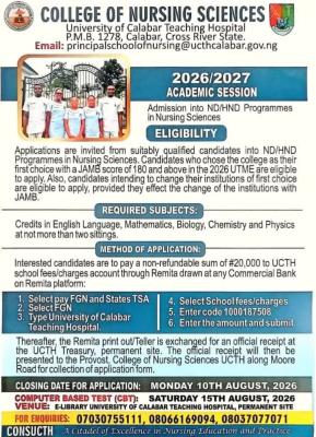 University of Calabar Teaching Hospital College of Nursing Sciences Admission, 2026/2027