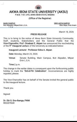 AKSU reschedules 9th Inaugural Lecture
