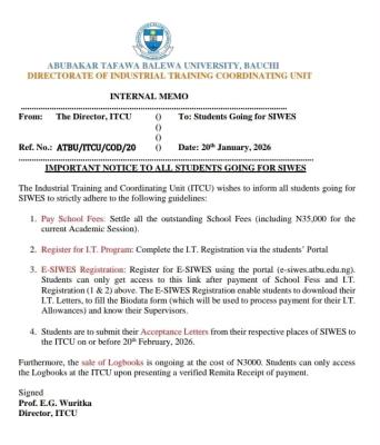 ATBU notice to all students going for SIWES
