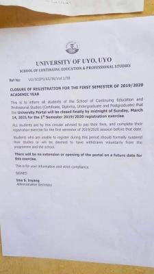UNIUYO School of Continuing Education deadline for 1st semester registration, 2019/2020