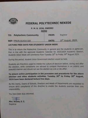 Fed Poly Nekede announces lectures free days for student's week