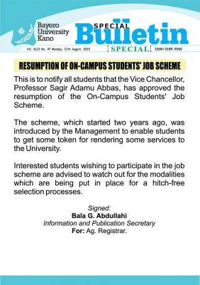 BUK notice on resumption of on-campus students' job scheme