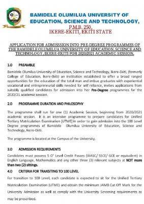 Bamidele Olumilua University of Science and Technology predegree admission, 2020/2021
