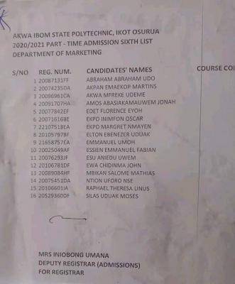 Akwa Ibom Polytechnic 6th batch ND part-time admission list, 2020/2021