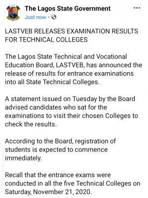 LASTVEB announces release of examination results for Technical Colleges