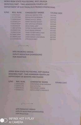 Akwa Ibom Polytechnic 4th batch ND part-time admission list, 2020/2021