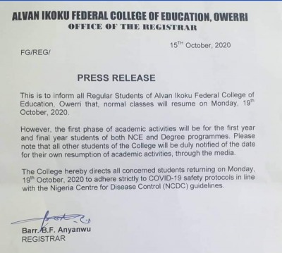Alvan Ikoku Federal College of Education announces resumption date