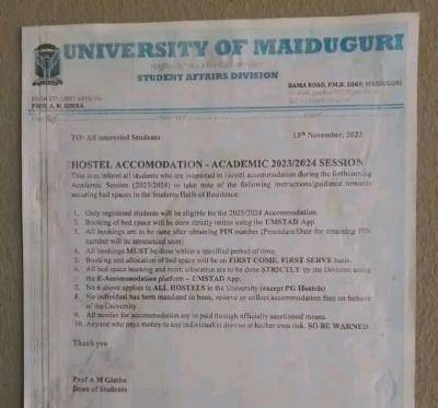UNIMAID notice on guidelines for hostel application for 2023/2024 session