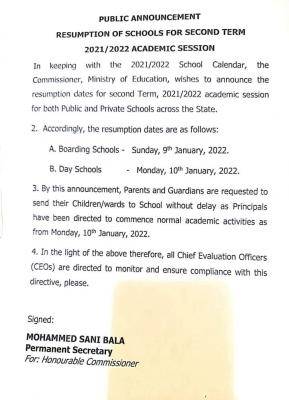 Nasarawa State announces resumption of schools for 2nd term, 2021/2022 session
