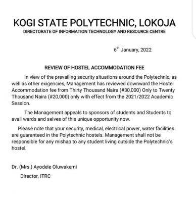 Kogi Poly notice on the review of hostel accommodation fee