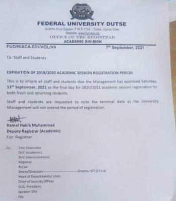 FUDutse notice on course registration deadline, 2020/2021