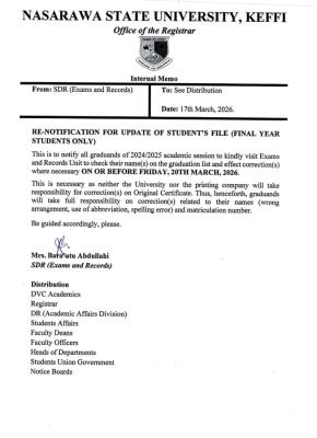 NSUK notice to final year students on correction of names