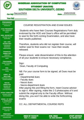 Southern Delta University, Faculty of computing students notice on payment of dues