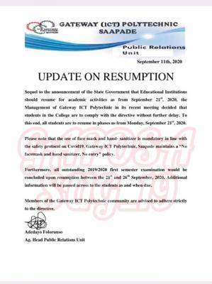 Gate way (ICT) Polytechnic Saapade announces resumption date