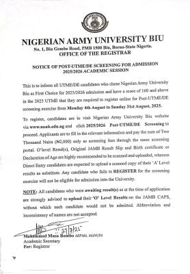 NAUB Post-UTME/DE 2025: cut-off mark, eligibility, and registration Details