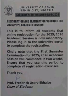 UNIBEN notice on online registration for 2025/2026 academic session