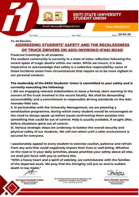 EKSU SUG notice to students following a tragic death of a student due to reckless driving