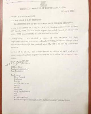 FCE Zaria notice on late registration for NCE Students